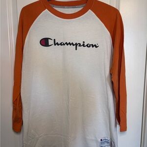 Champion White Body Raglan Tee with Orange Sleeves vintage size L men